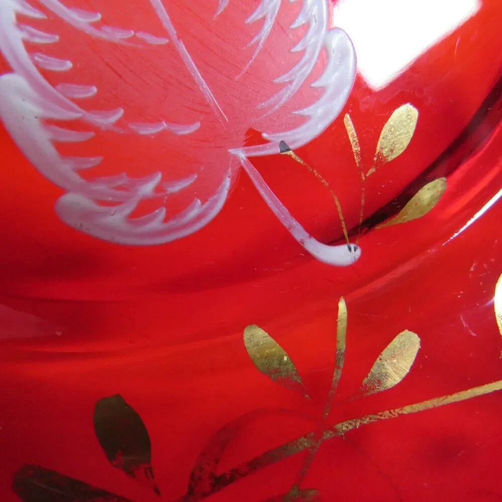Ruby Red Thick Glass Plate with White Leaves & Gold Accents